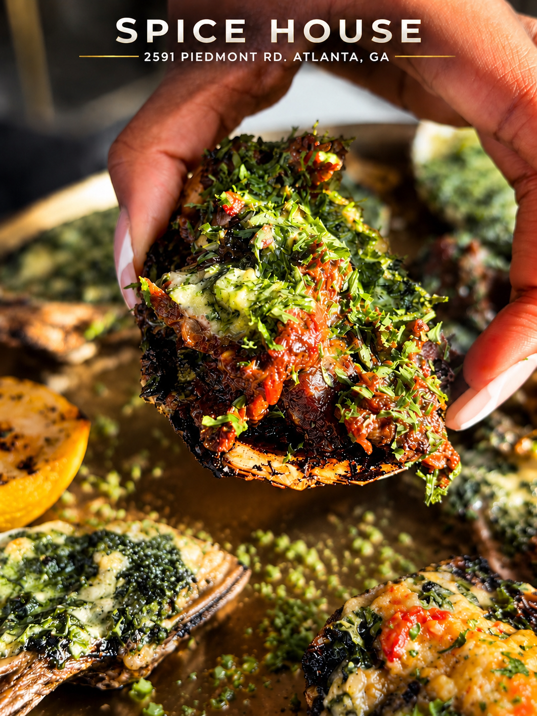 Oxtail Surf & Turf char-grilled oyster topped with braised oxtail, spinach and smoked Gouda at Spice House Buckhead